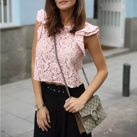 Zara Guipure ruffled pink lace lace crop top - Picture 5 of 7